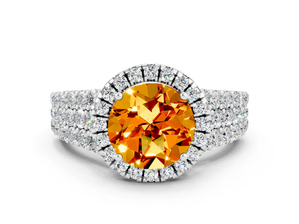 Platinum Round Cut Citrine Halo Engagement Ring with Triple Row Round Pavé Band and Prong Setting