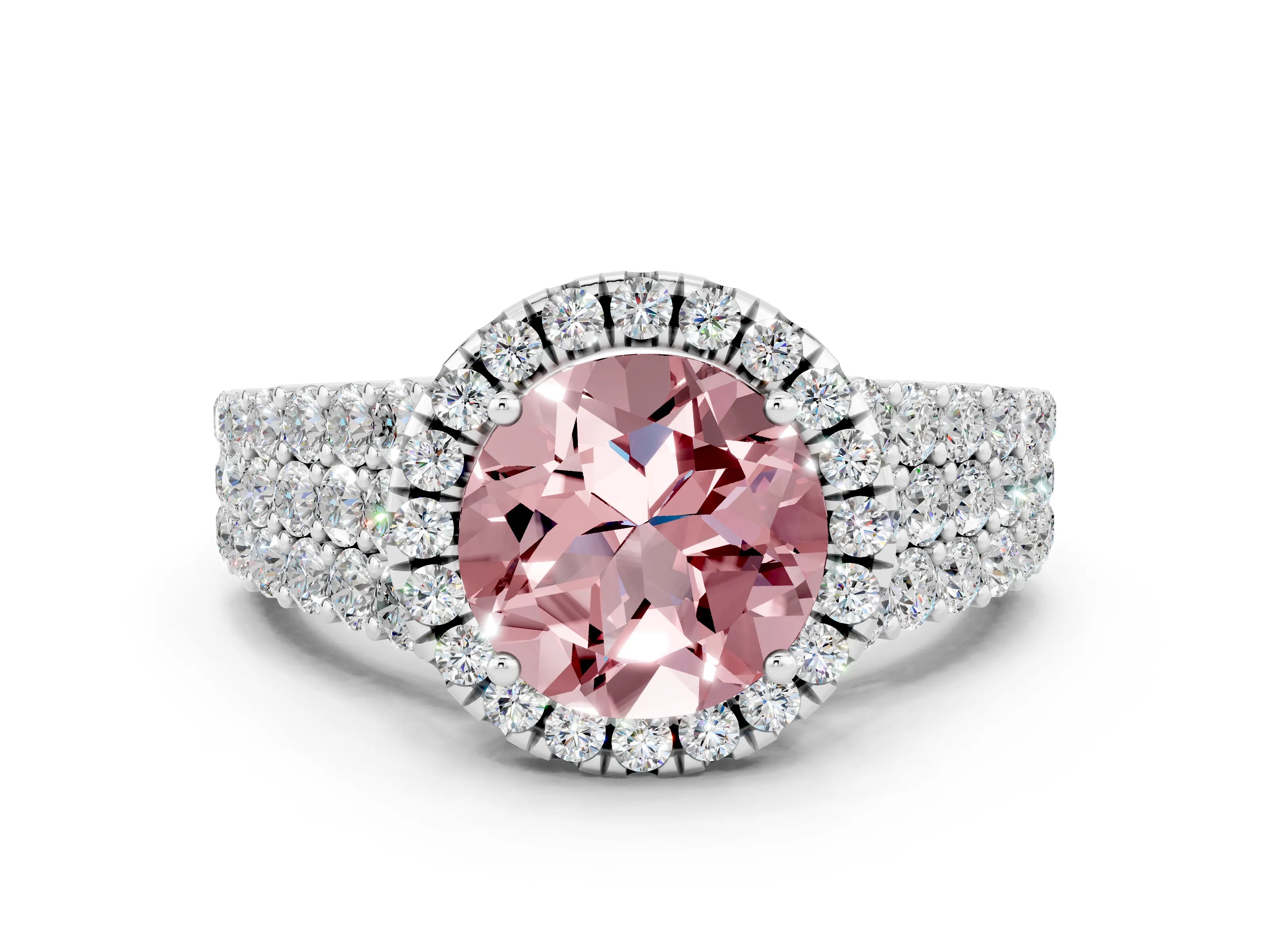 White gold Round Cut Halo Pavé Diamond Engagement Ring with Split Shank and Four-Prong Setting