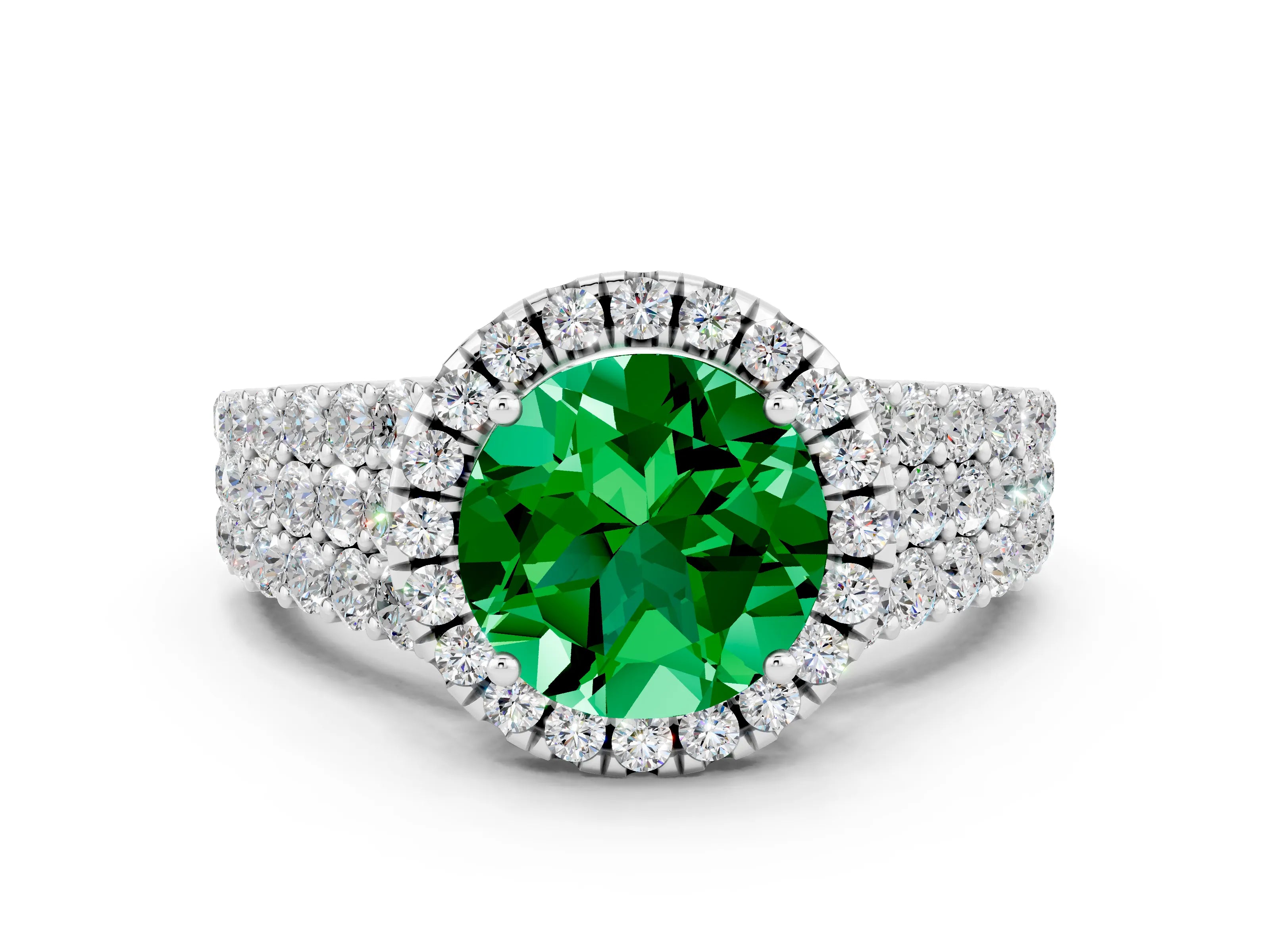 White gold Round Cut Halo Pavé Diamond Engagement Ring with Split Shank and Four-Prong Setting