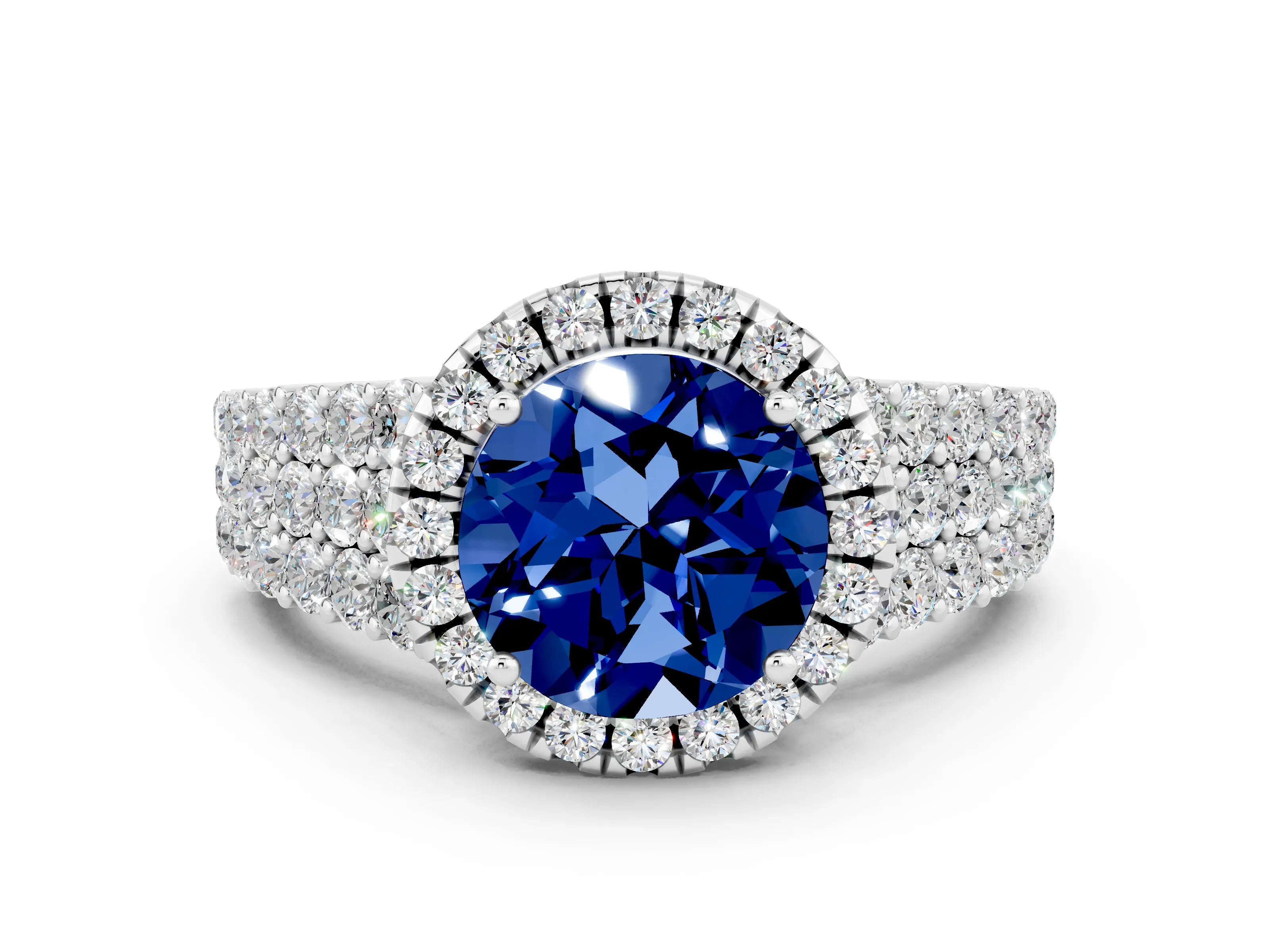 White gold Round Cut Halo Pavé Diamond Engagement Ring with Split Shank and Four-Prong Setting