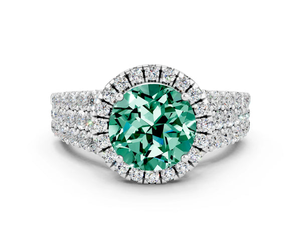 Platinum Round Cut Green Sapphire Halo Engagement Ring with Triple Row Round Pavé Band and Prong Setting