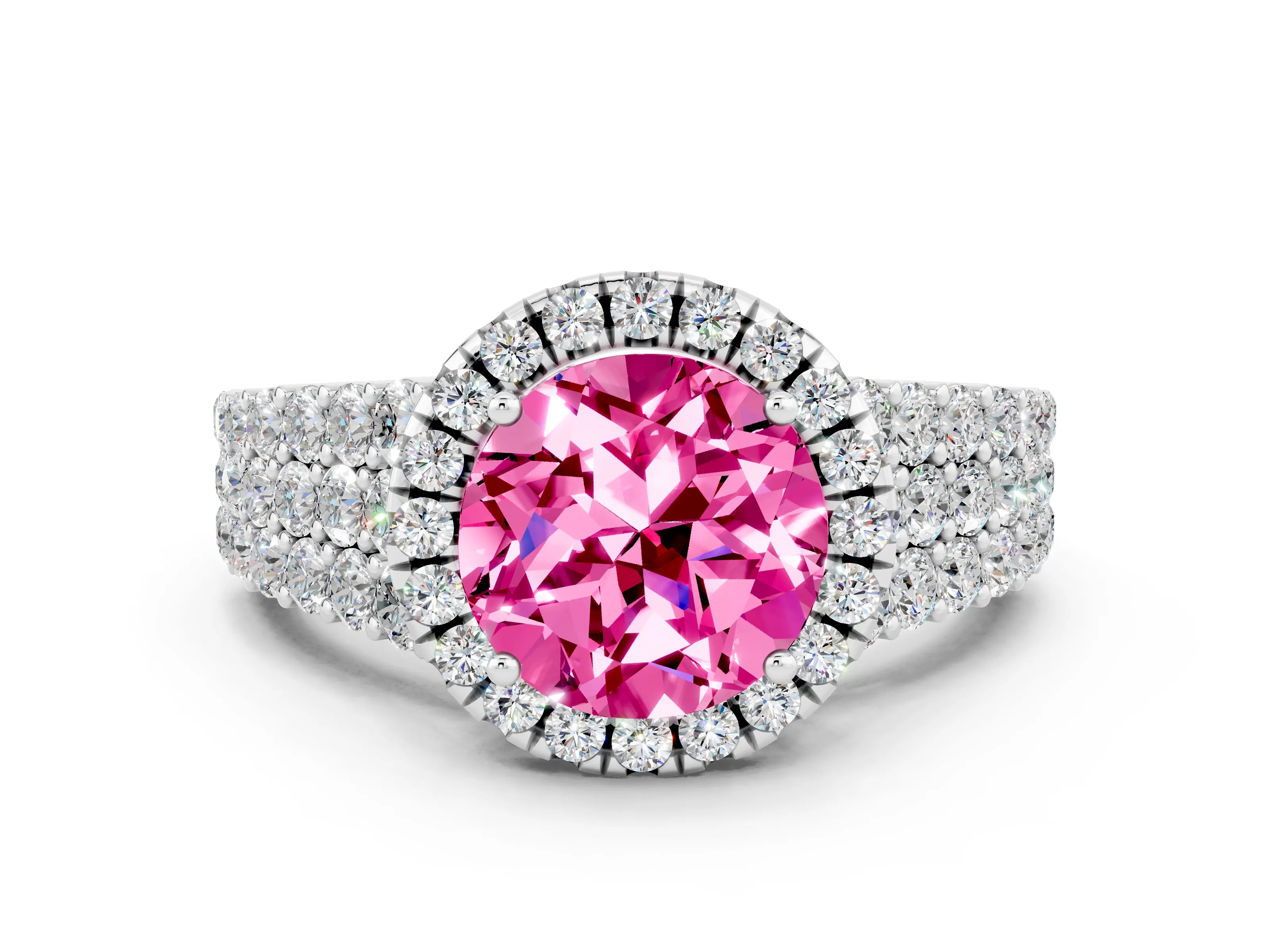 White gold Round Cut Halo Pavé Diamond Engagement Ring with Split Shank and Four-Prong Setting