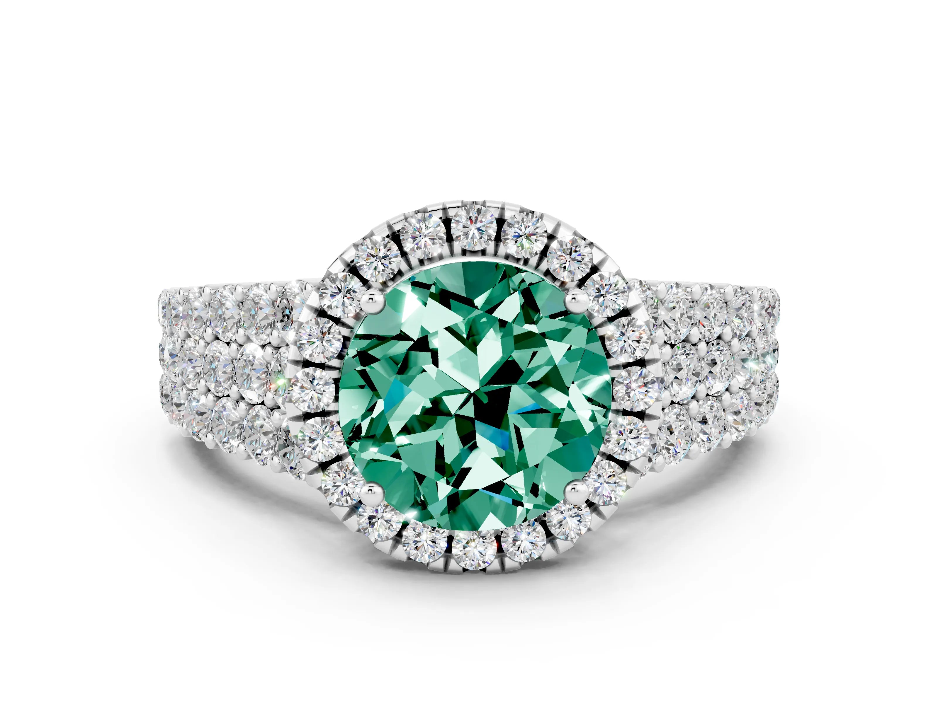 White gold Round Cut Halo Pavé Diamond Engagement Ring with Split Shank and Four-Prong Setting