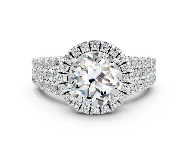 Silver Round Cut Moissanite Halo Engagement Ring with Triple Row Round Pavé Band and Prong Setting