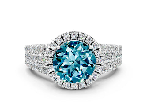 White gold Round Cut Halo Pavé Diamond Engagement Ring with Split Shank and Four-Prong Setting