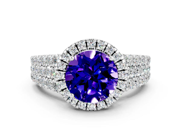 Platinum Round Cut Tanzanite Halo Engagement Ring with Triple Row Round Pavé Band and Prong Setting