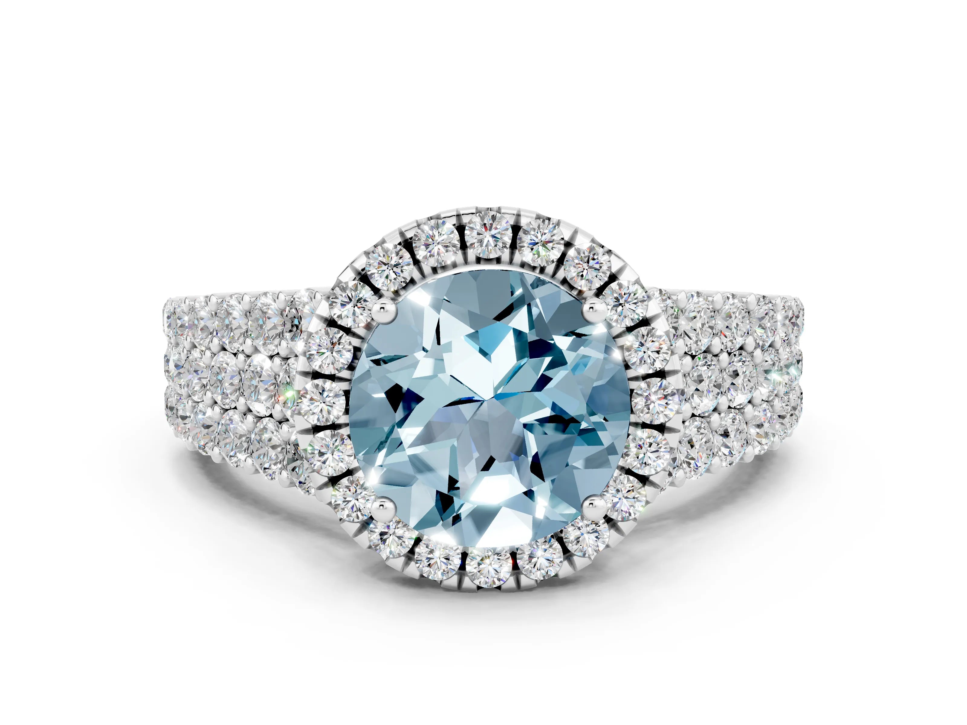 White gold Round Cut Halo Pavé Diamond Engagement Ring with Split Shank and Four-Prong Setting