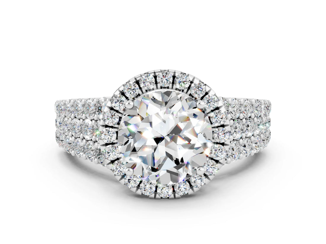White gold Round Cut Halo Pavé Diamond Engagement Ring with Split Shank and Four-Prong Setting