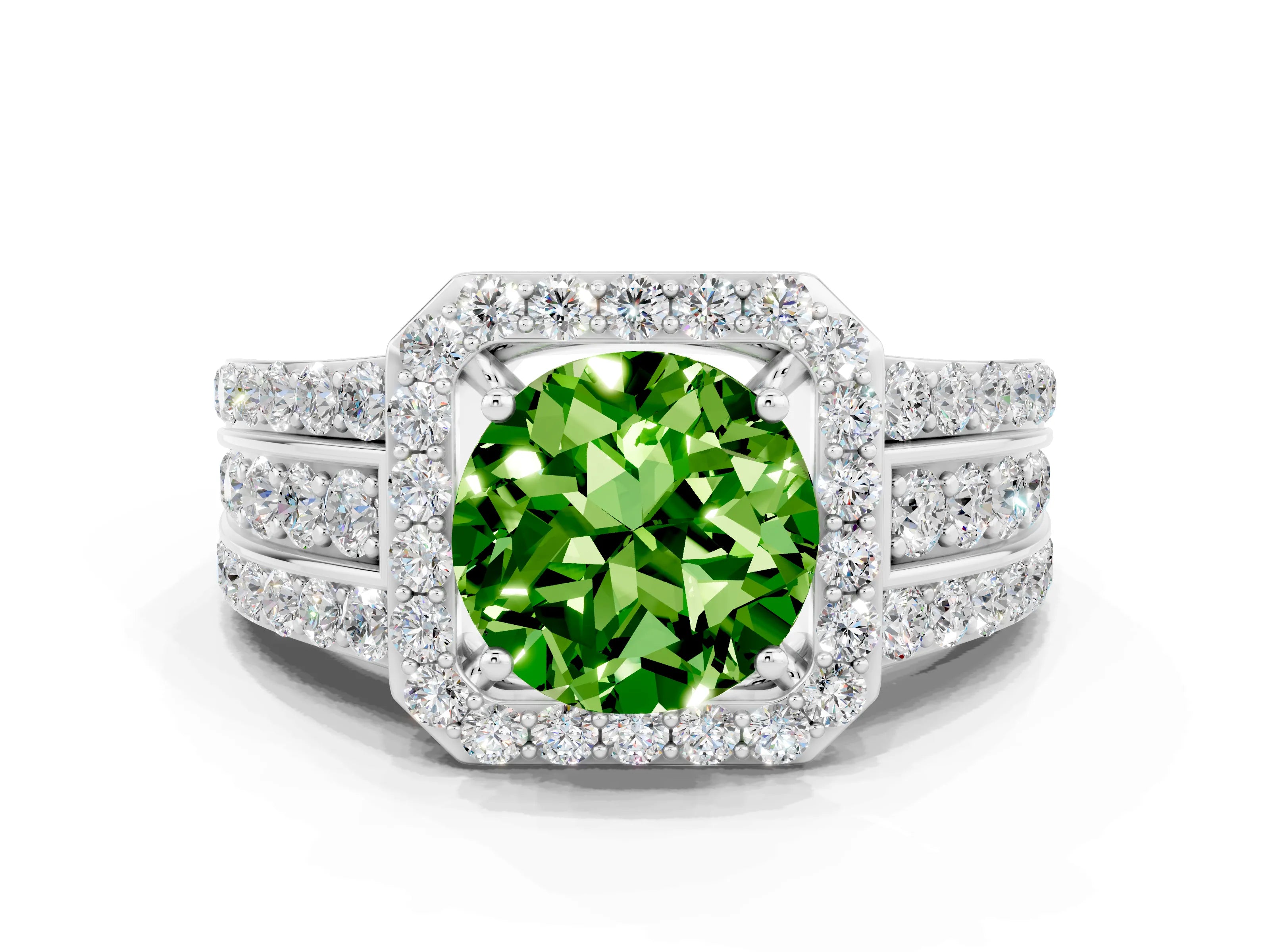 White gold Round Cut Halo Peridot Ring with Round  Split Shank and Prong Setting_12