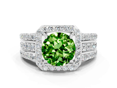 White gold Round Cut Halo Peridot Ring with Round  Split Shank and Prong Setting_12
