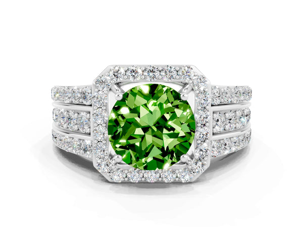 White gold Round Cut Halo Peridot Ring with Round  Split Shank and Prong Setting