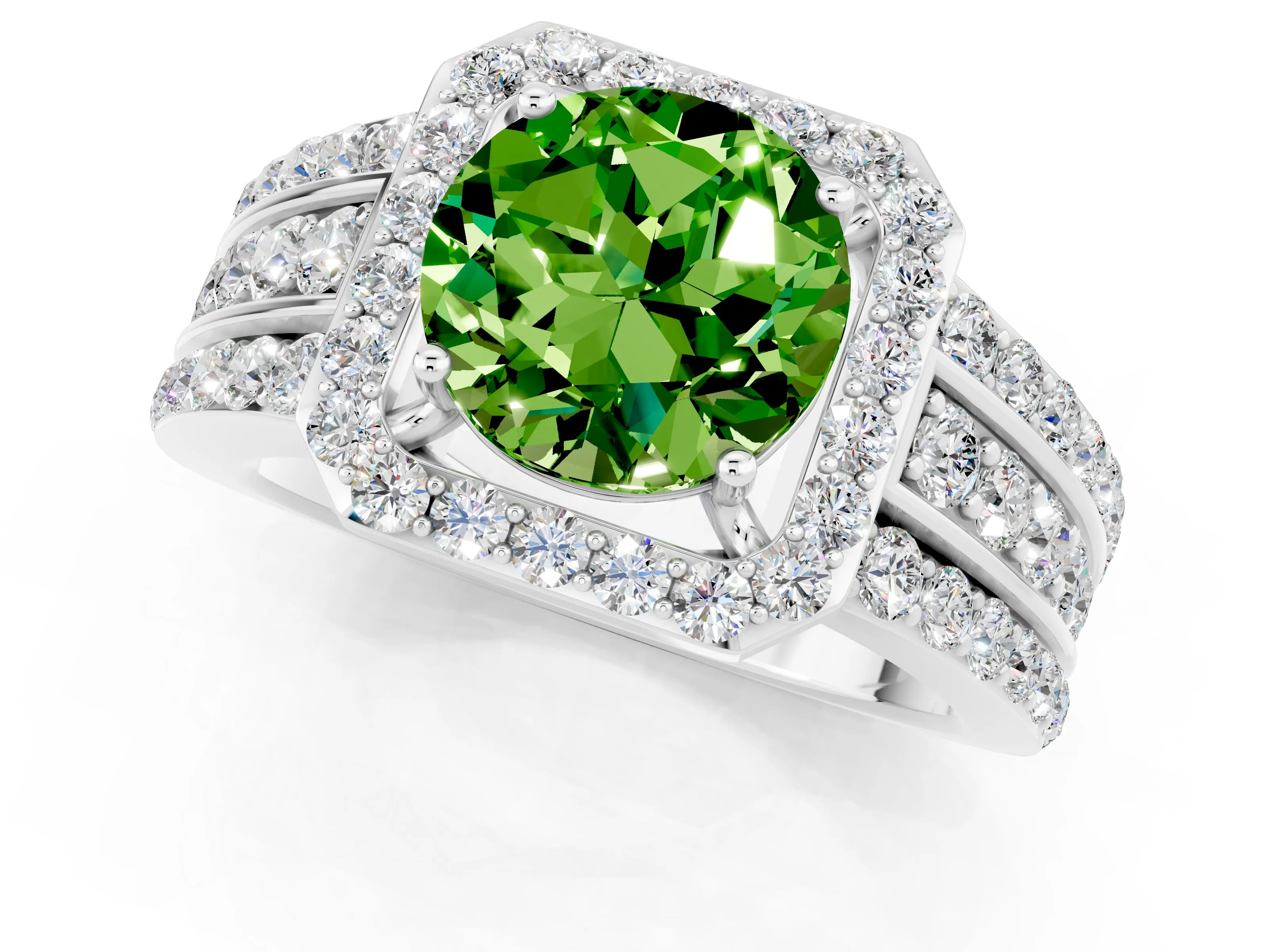 White gold Round Cut Halo Peridot Ring with Round  Split Shank and Prong Setting_13