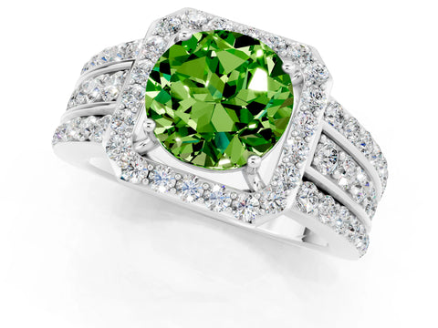 White gold Round Cut Halo Peridot Ring with Round  Split Shank and Prong Setting_13