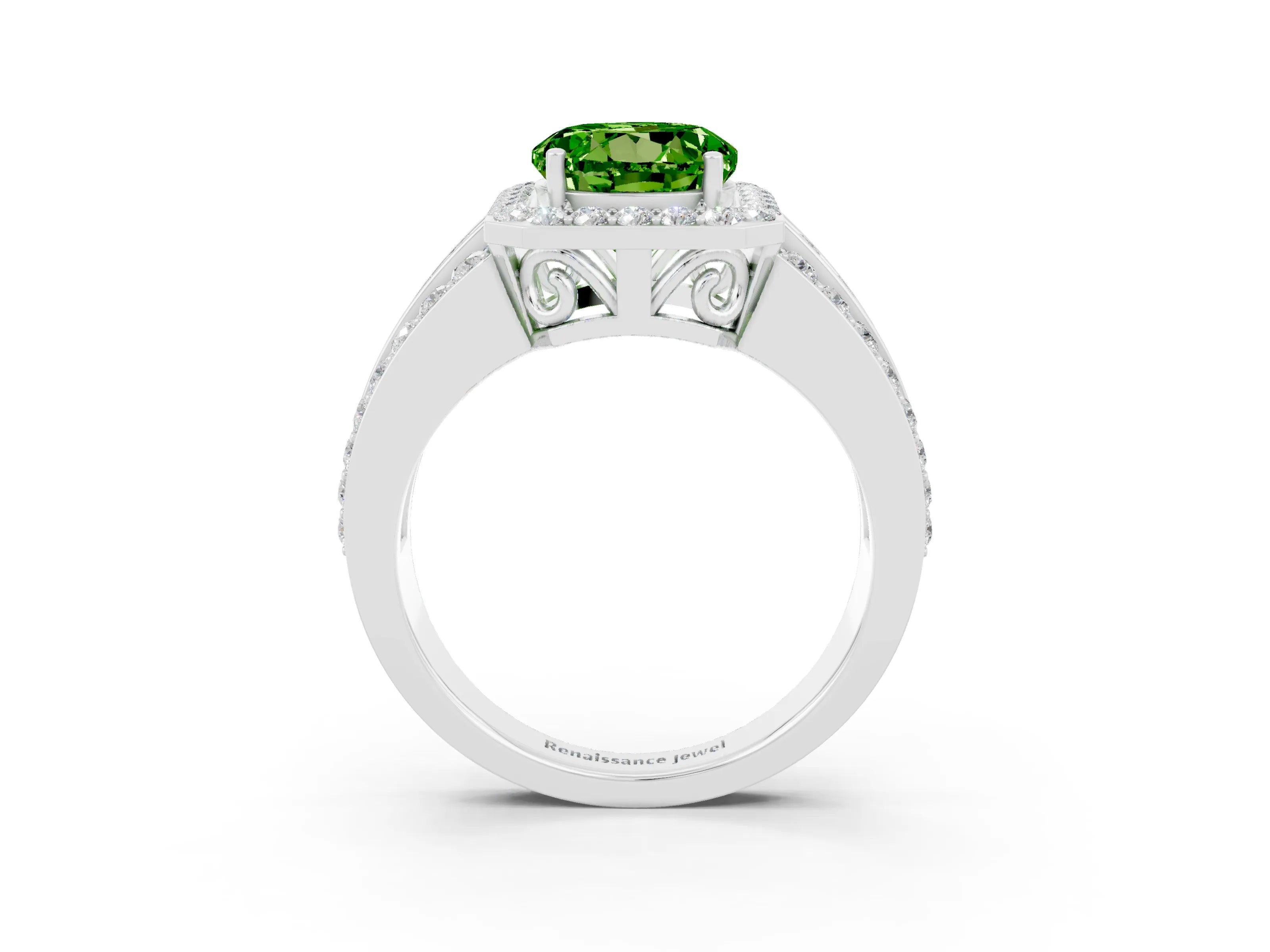 White gold Round Cut Halo Peridot Ring with Round  Split Shank and Prong Setting_15