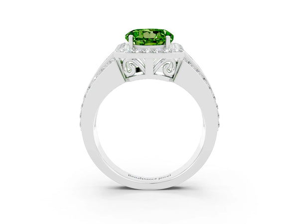 White gold Round Cut Halo Peridot Ring with Round  Split Shank and Prong Setting