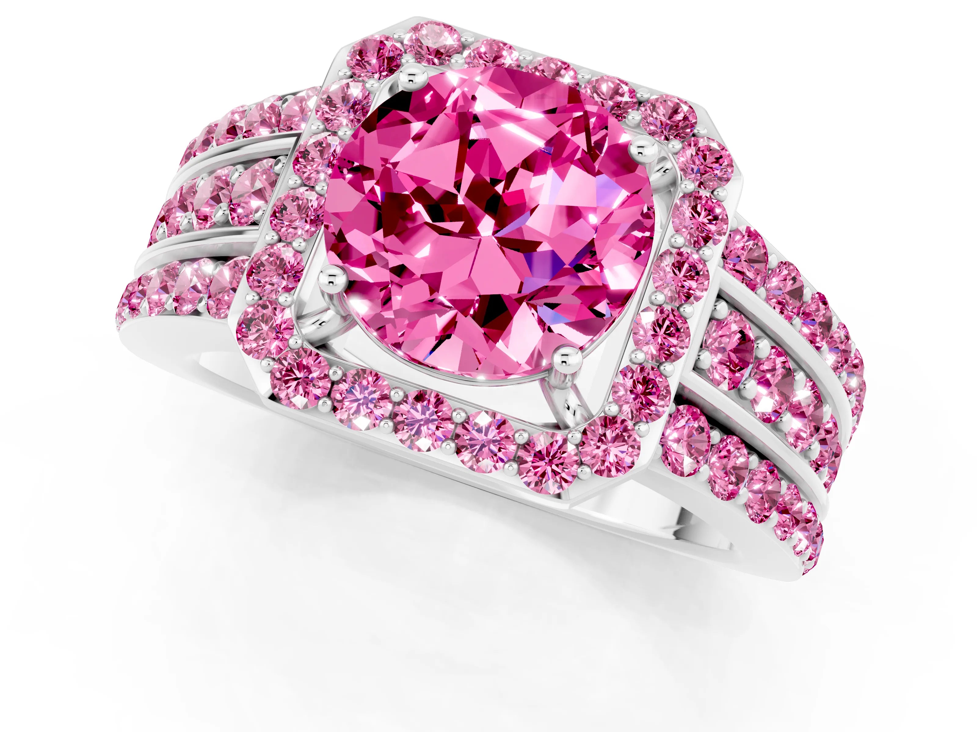 White gold Round Cut Halo Pink Sapphire Ring with Split Shank and Four-Prong Setting_1