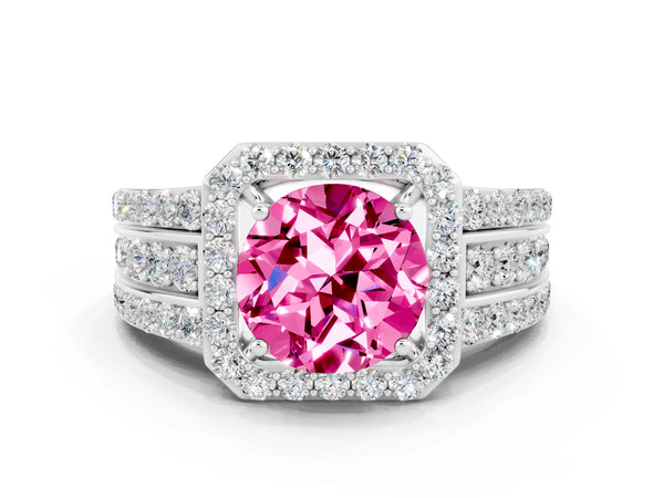 Silver Round Cut Halo Pink Sapphire Ring with Round  Split Shank and Prong Setting