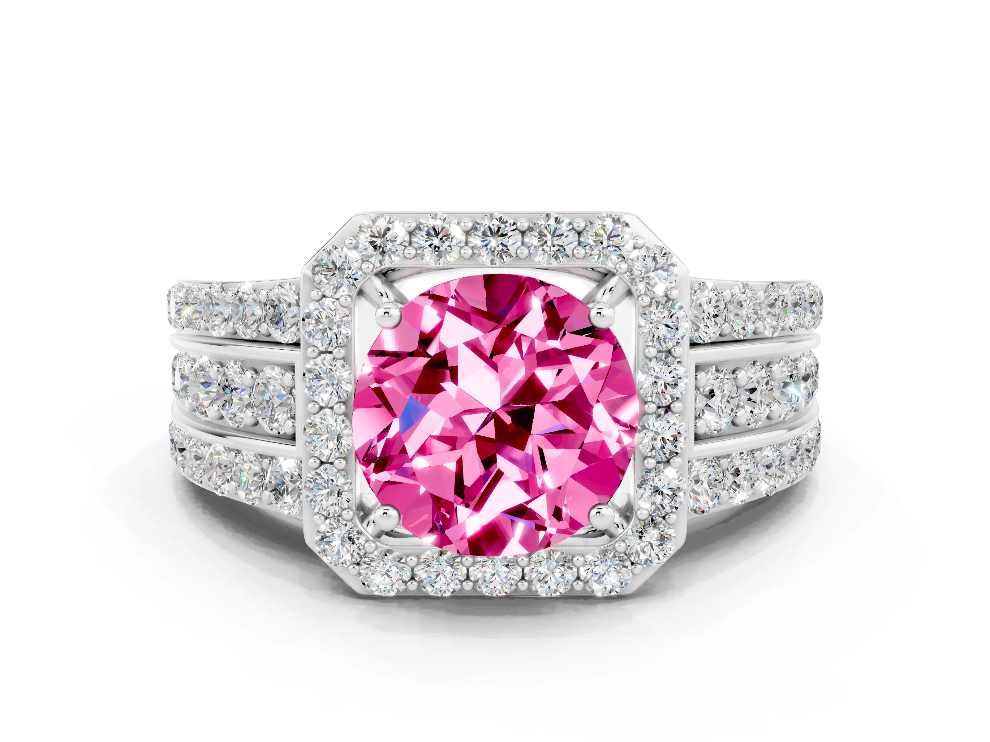 White gold Round Cut Halo Pink Sapphire Ring with Split Shank and Four-Prong Setting_24