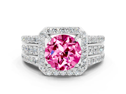 White gold Round Cut Halo Pink Sapphire Ring with Split Shank and Four-Prong Setting_24