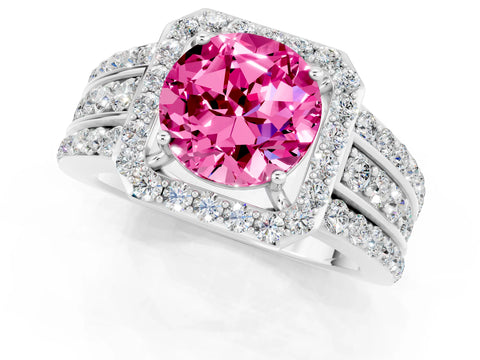 White gold Round Cut Halo Pink Sapphire Ring with Split Shank and Four-Prong Setting_25