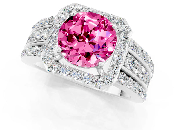 Silver Round Cut Halo Pink Sapphire Ring with Round  Split Shank and Prong Setting