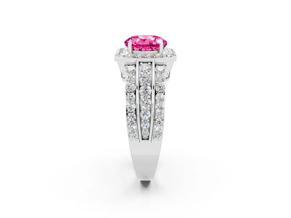 Platinum Round Cut Halo Pink Sapphire Ring with Round  Split Shank and Prong Setting