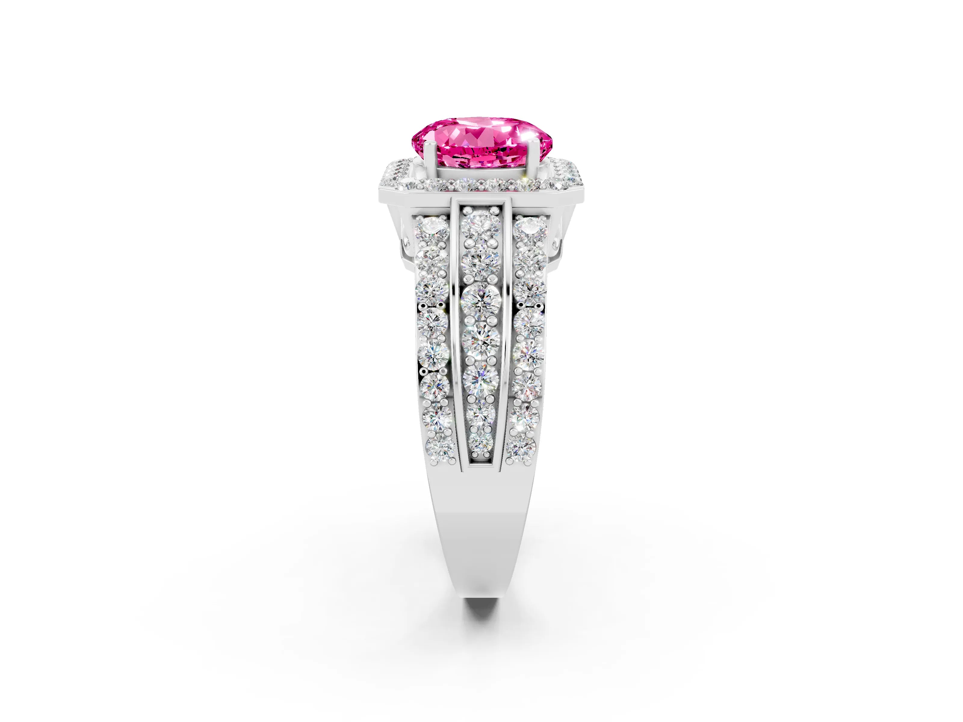 White gold Round Cut Halo Pink Sapphire Ring with Split Shank and Four-Prong Setting_26
