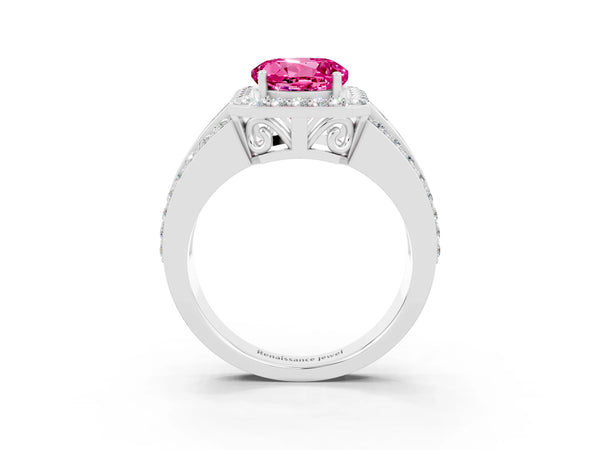 Platinum Round Cut Halo Pink Sapphire Ring with Round  Split Shank and Prong Setting