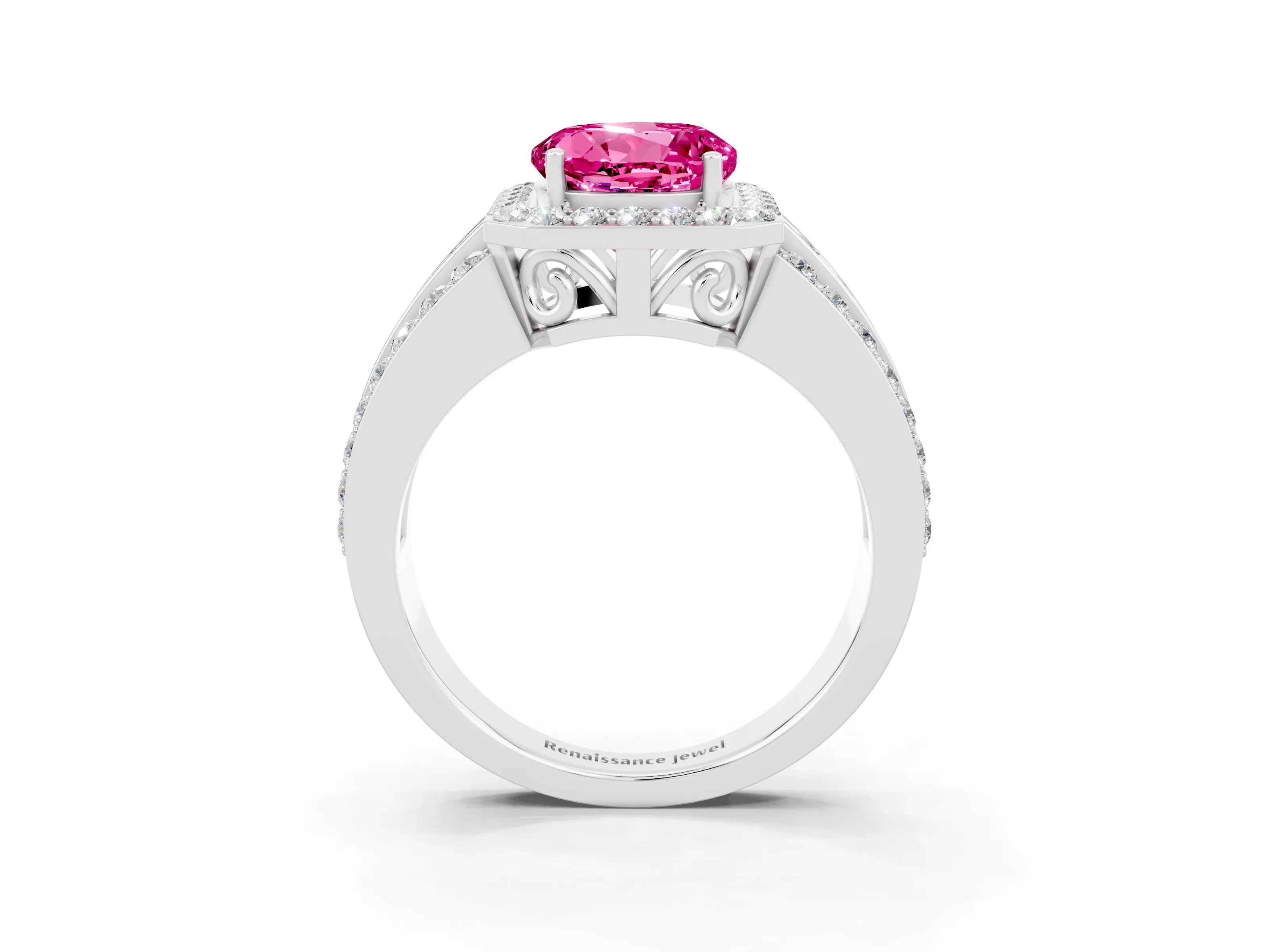 White gold Round Cut Halo Pink Sapphire Ring with Split Shank and Four-Prong Setting_27