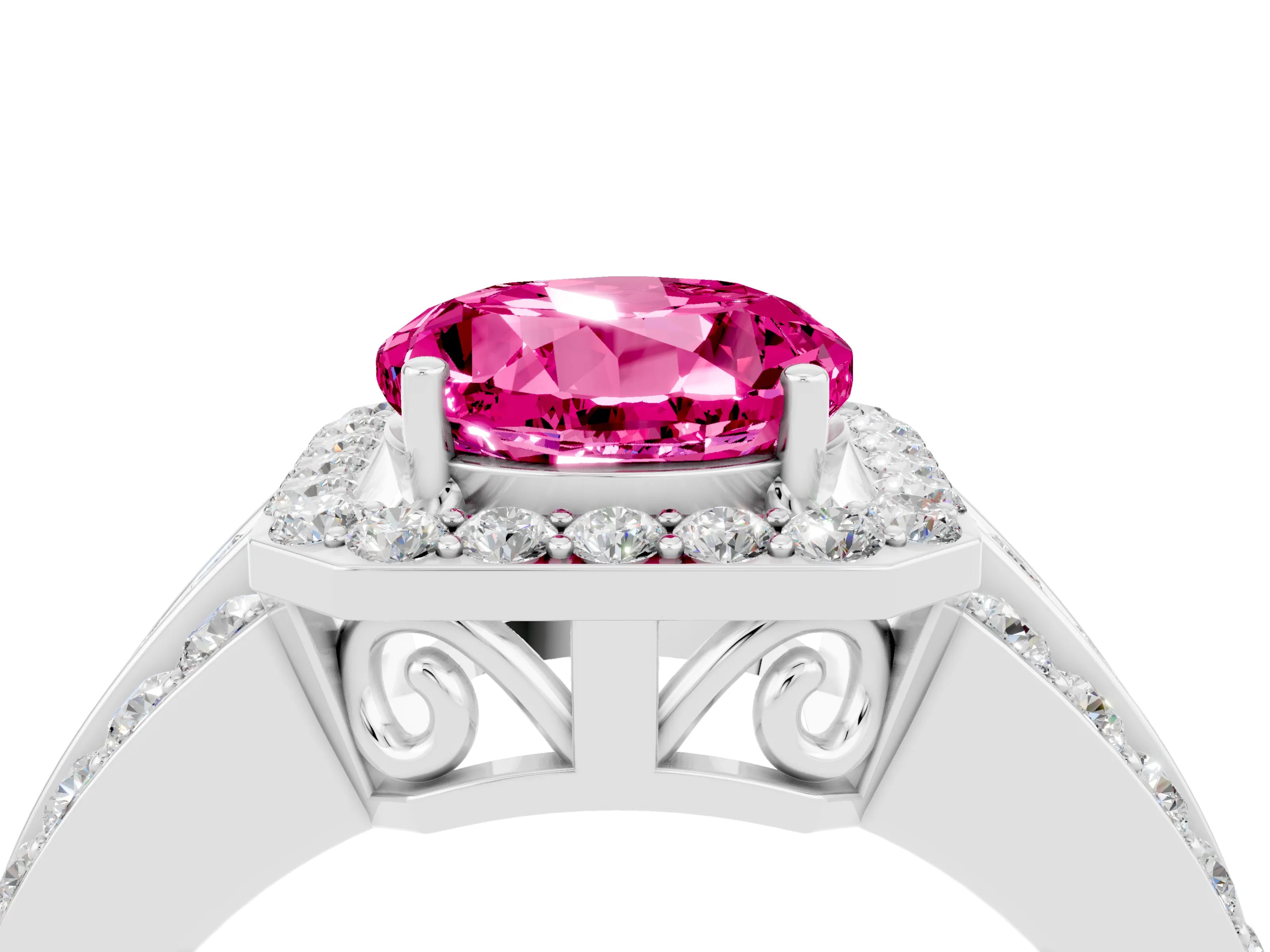 White gold Round Cut Halo Pink Sapphire Ring with Split Shank and Four-Prong Setting_28