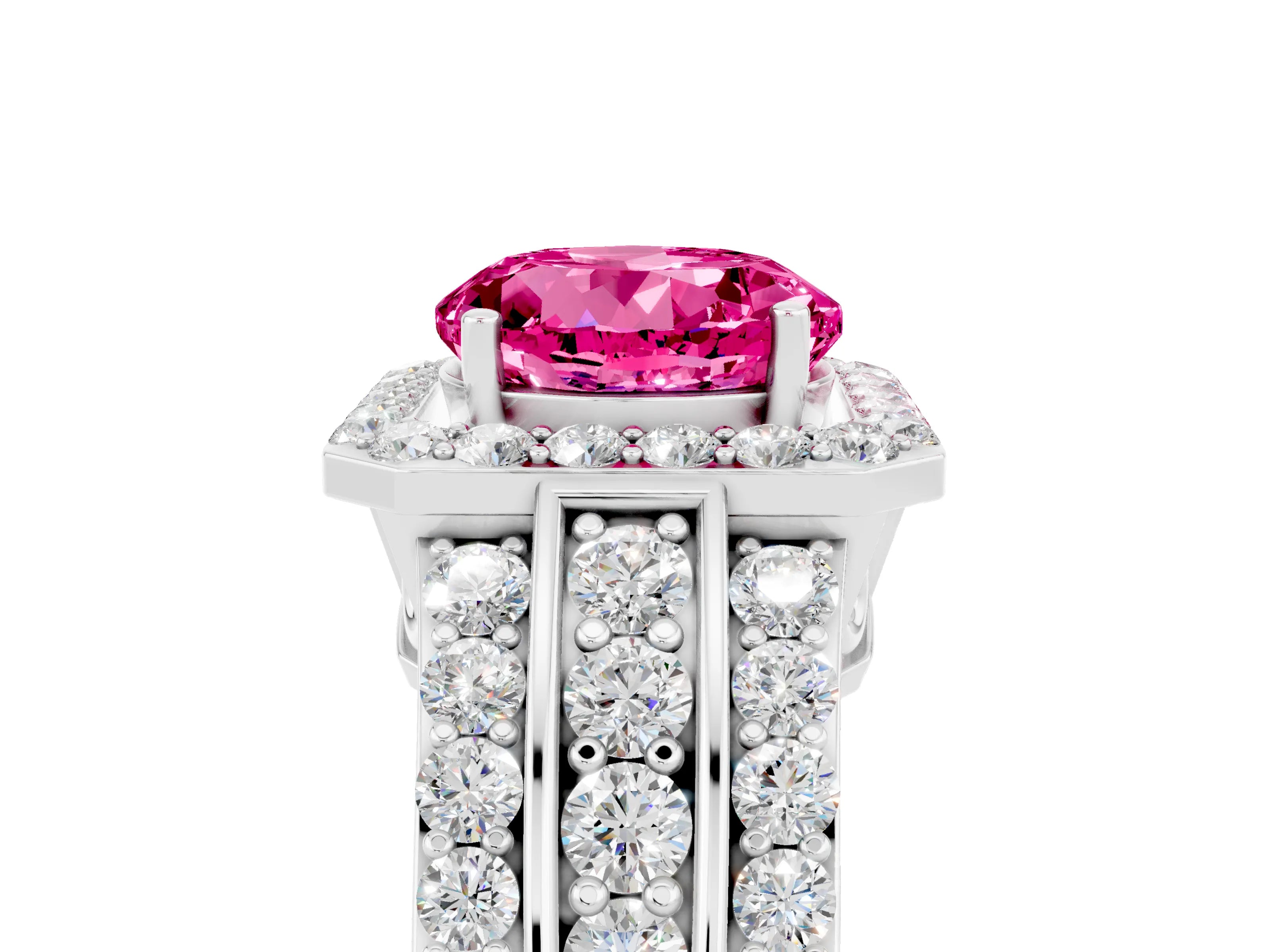 White gold Round Cut Halo Pink Sapphire Ring with Split Shank and Four-Prong Setting_29