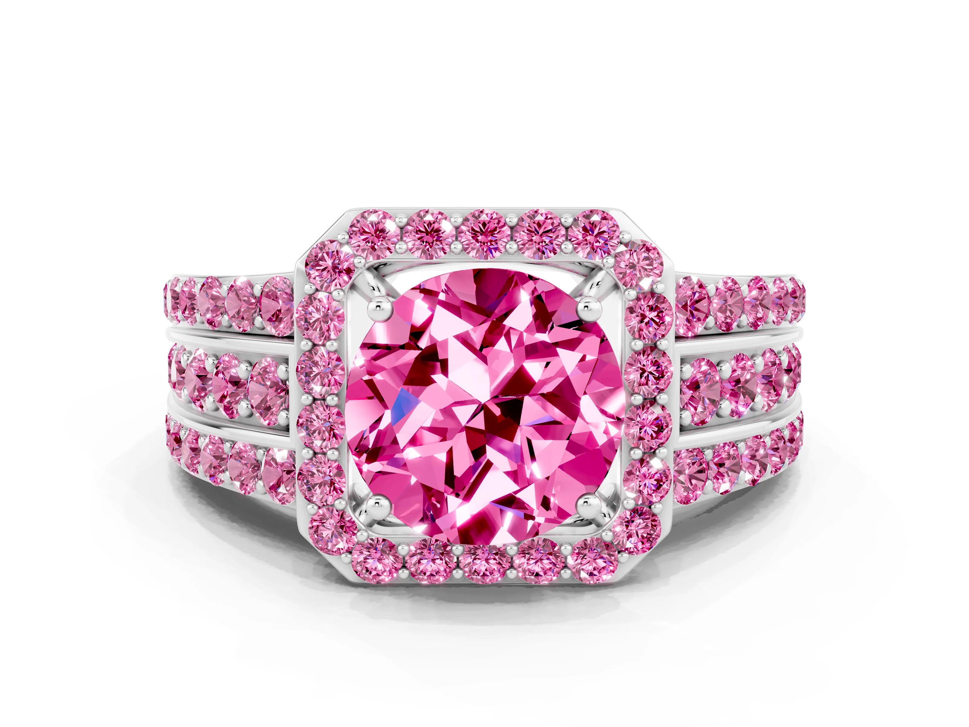 White gold Round Cut Halo Pink Sapphire Ring with Split Shank and Four-Prong Setting
