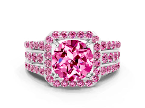 White gold Round Cut Halo Pink Sapphire Ring with Split Shank and Four-Prong Setting