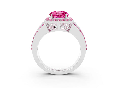 White gold Round Cut Halo Pink Sapphire Ring with Split Shank and Four-Prong Setting_3