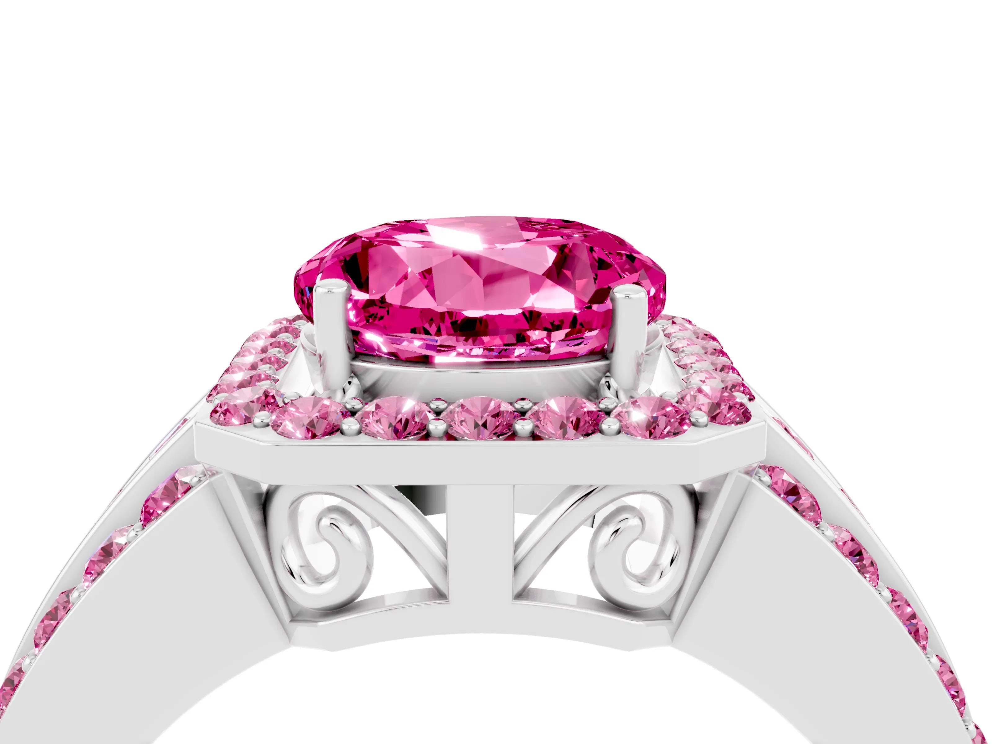 White gold Round Cut Halo Pink Sapphire Ring with Split Shank and Four-Prong Setting_4