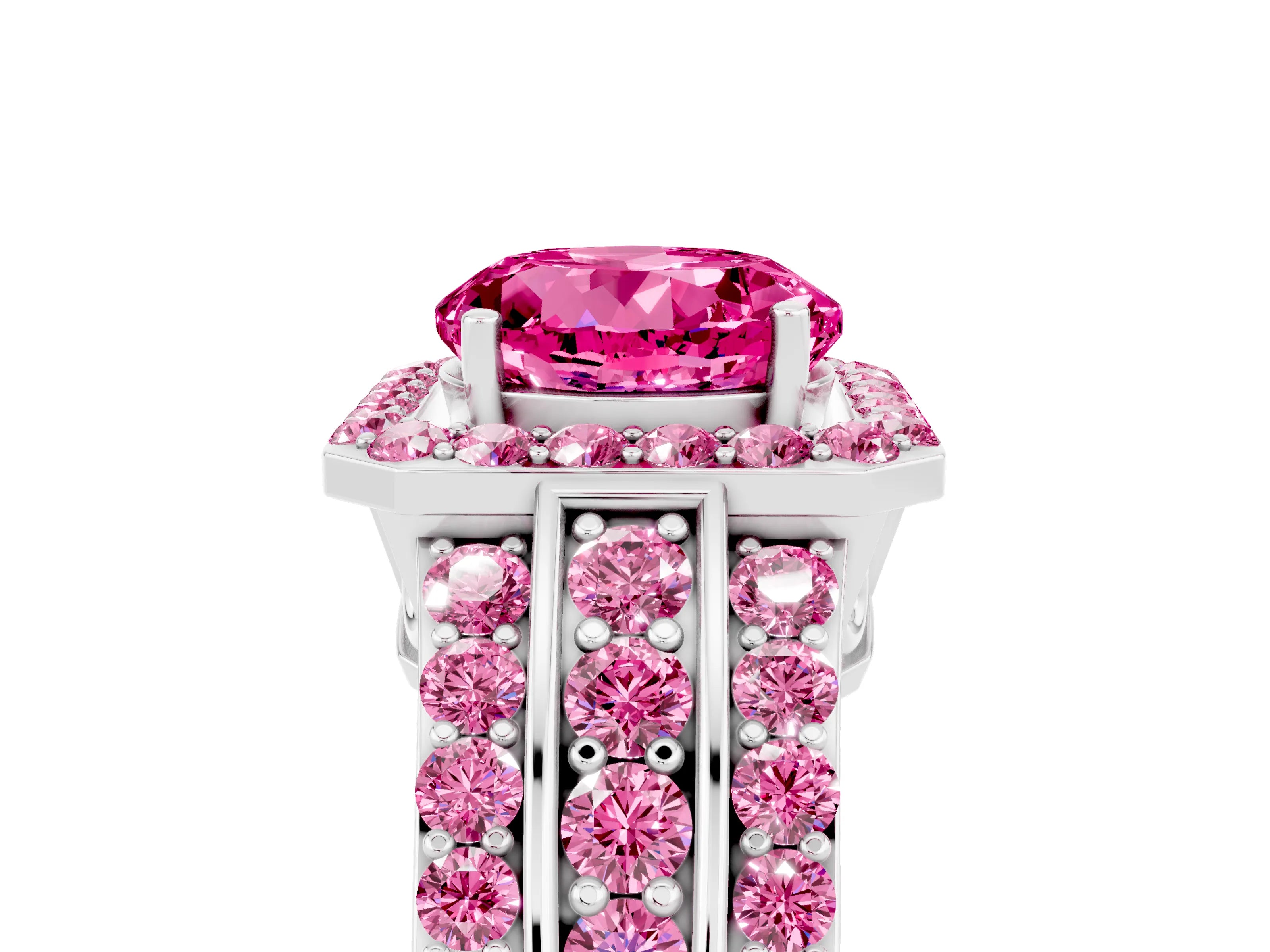 White gold Round Cut Halo Pink Sapphire Ring with Split Shank and Four-Prong Setting_5