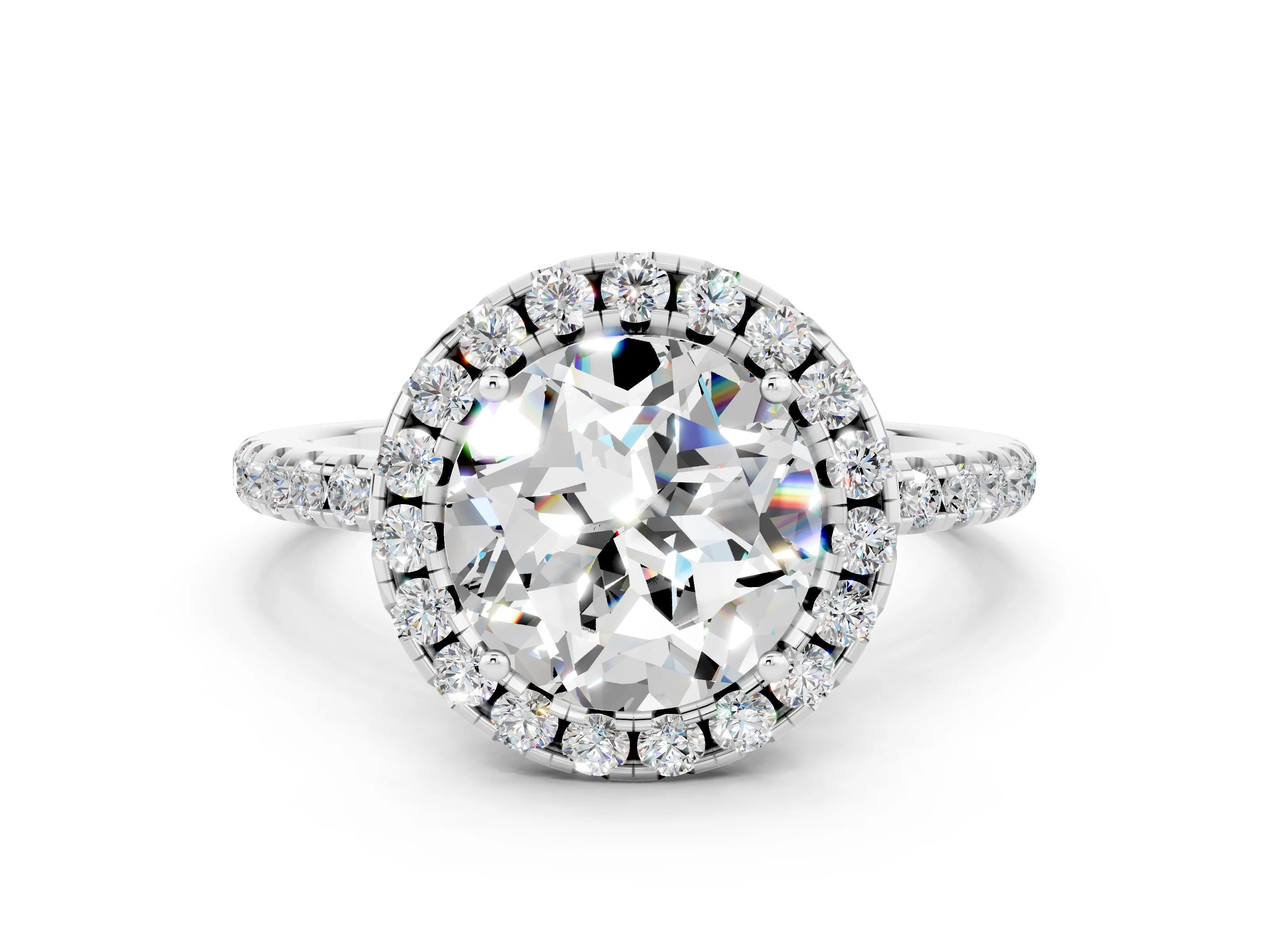 White gold Round Cut Halo Round Diamond Pavé Band Four-Prong Ring