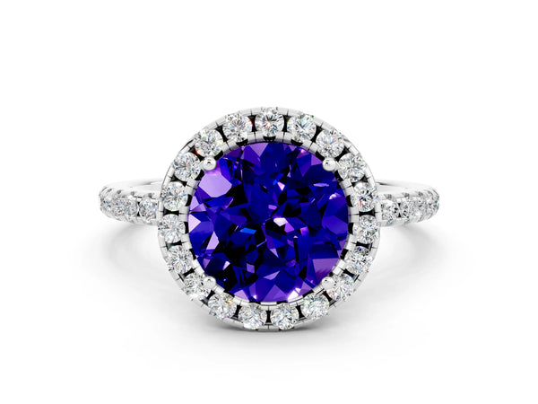 White gold Round Cut Tanzanite Halo Ring with Round Pavé Band and Prong Setting