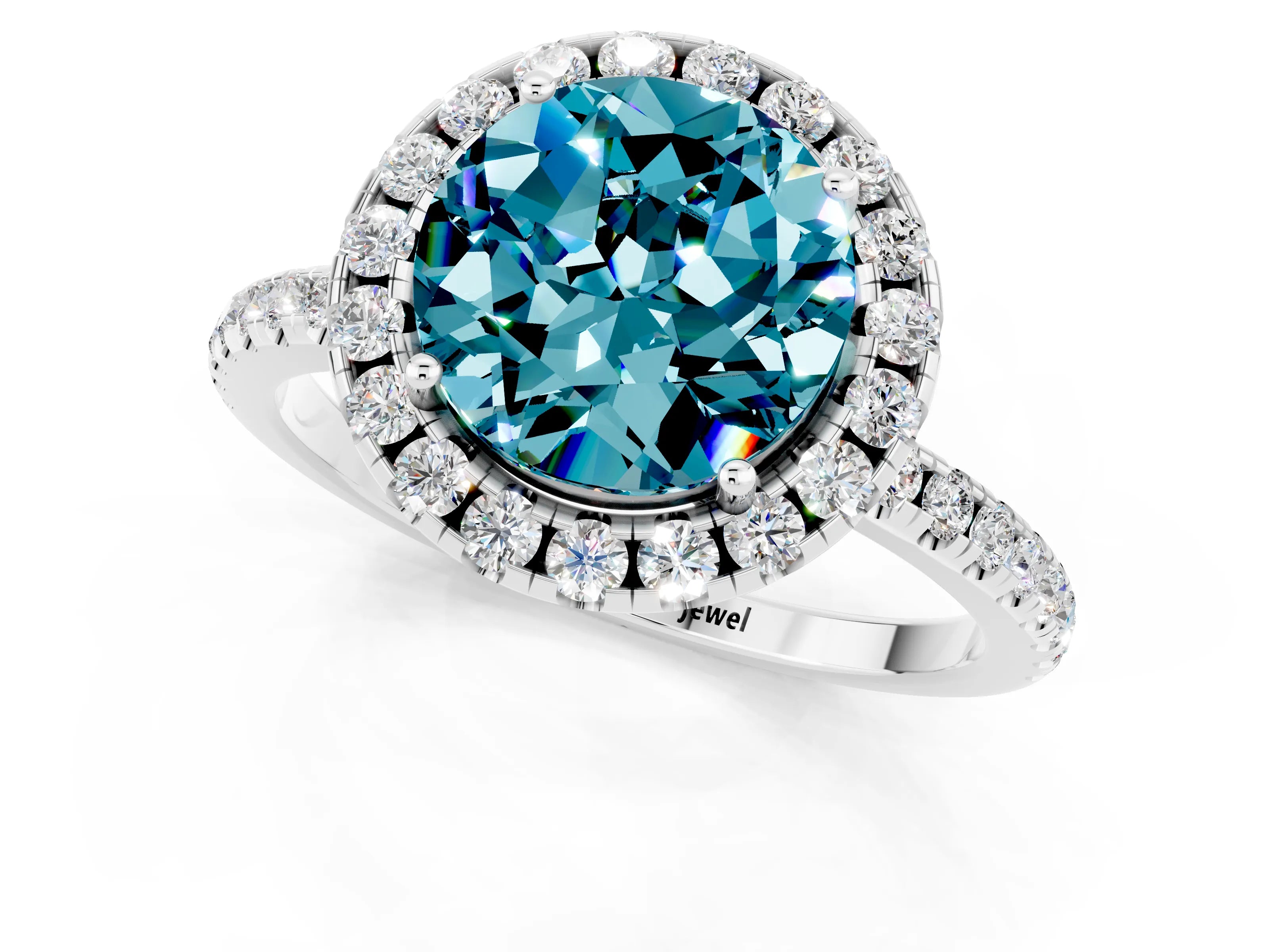 White gold Round Cut Halo Round Diamond Pavé Band Four-Prong Ring_1