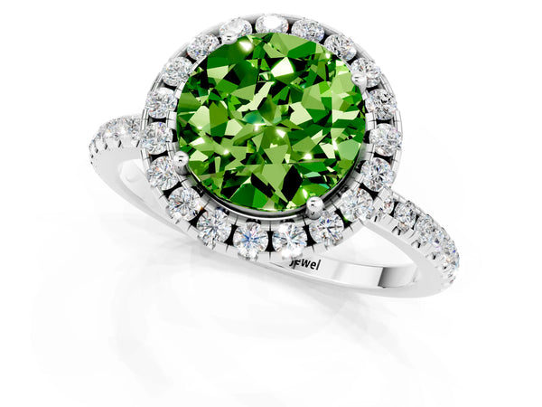 Silver Round Cut Halo Round Diamond Pavé Band Four-Prong Ring