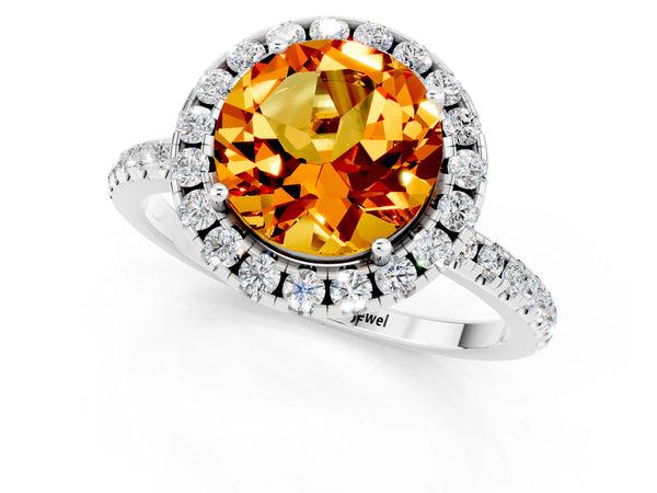 Platinum Round Cut Citrine Halo Ring with Round Pavé Band and Prong Setting