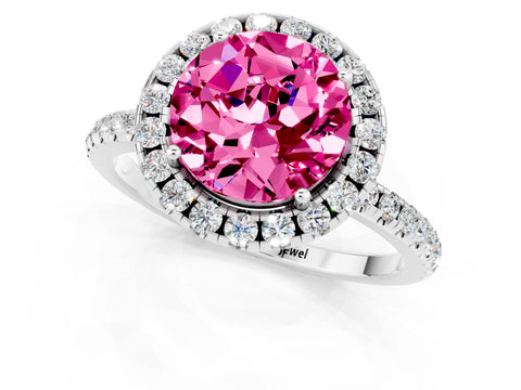 White gold Round Cut Halo Round Diamond Pavé Band Four-Prong Ring_1