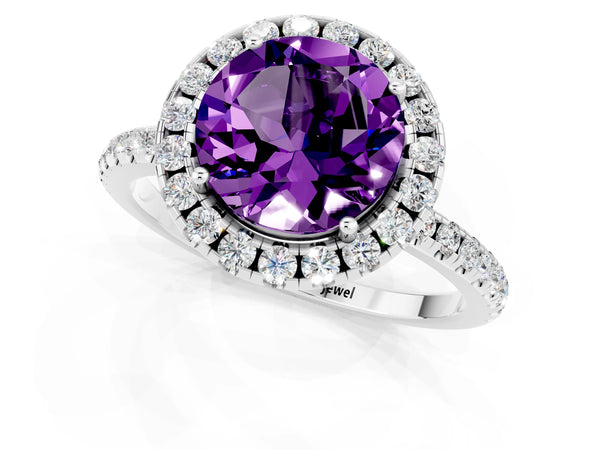 Platinum Round Cut Amethyst Halo Ring with Round Pavé Band and Prong Setting