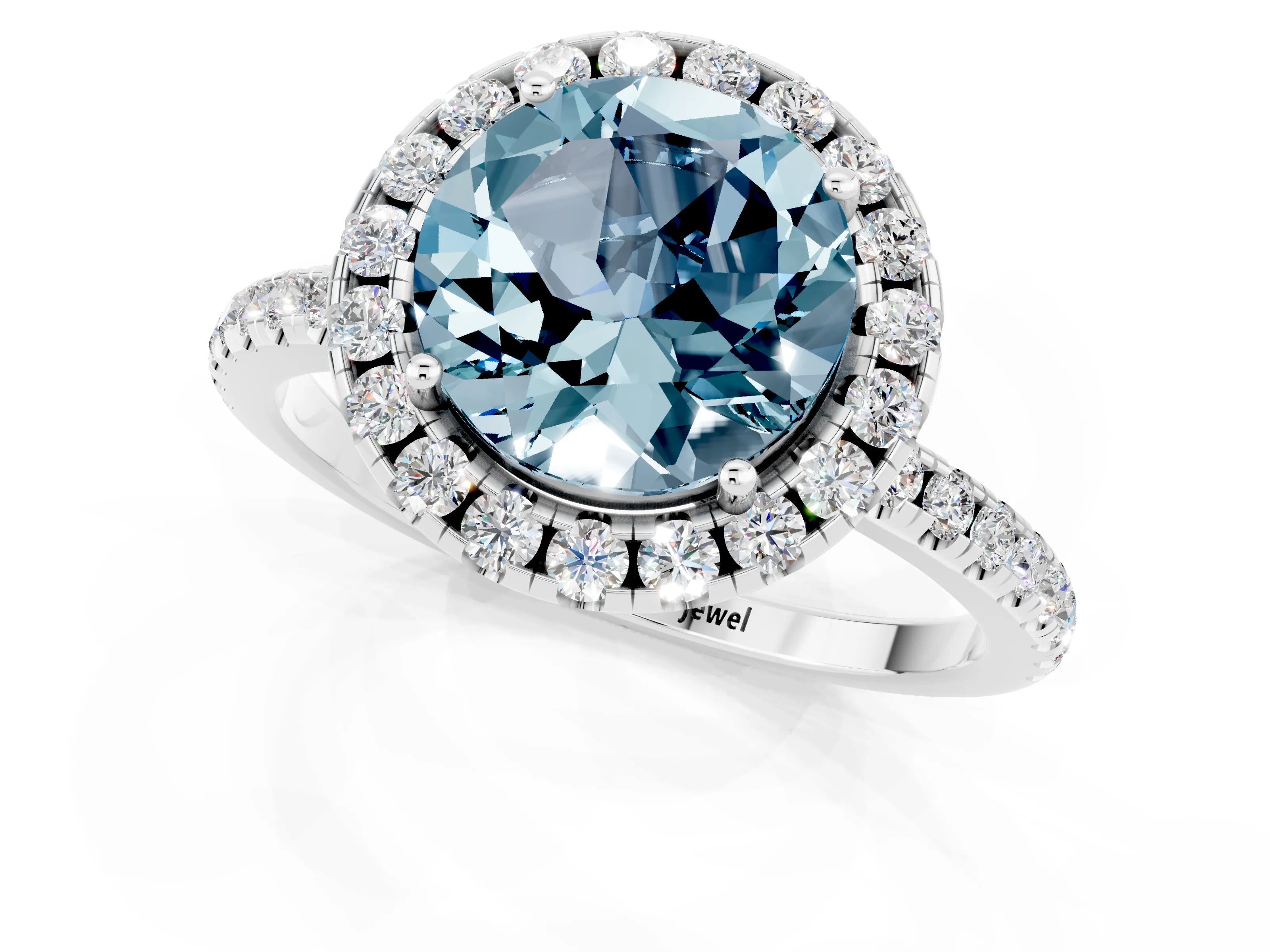 White gold Round Cut Halo Round Diamond Pavé Band Four-Prong Ring_1