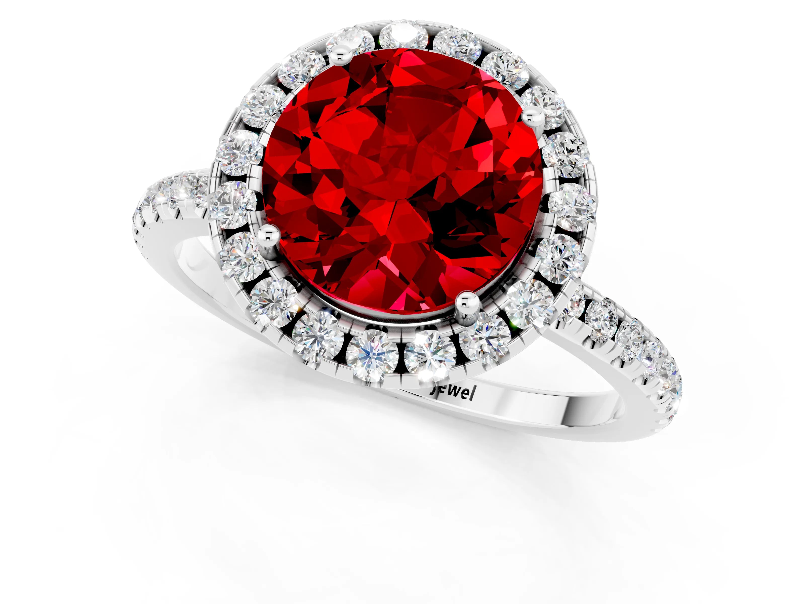 White gold Round Cut Halo Round Diamond Pavé Band Four-Prong Ring_1