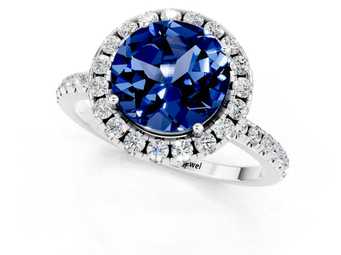 White gold Round Cut Halo Round Diamond Pavé Band Four-Prong Ring_1