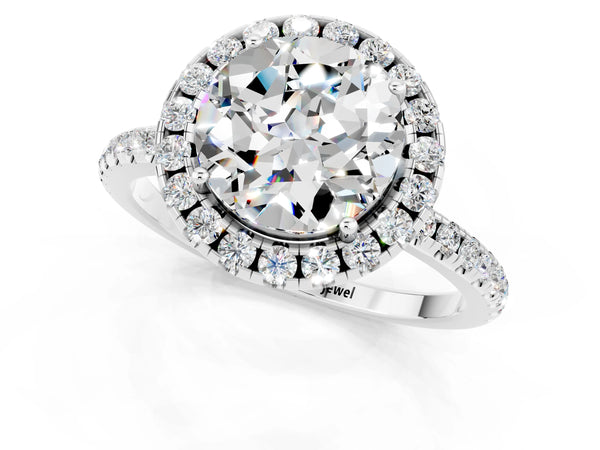 White gold Round Cut Moissanite Halo Ring with Round Pavé Band and Prong Setting