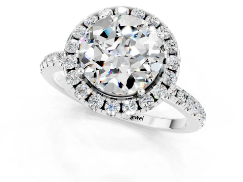 White gold Round Cut Halo Round Diamond Pavé Band Four-Prong Ring_1
