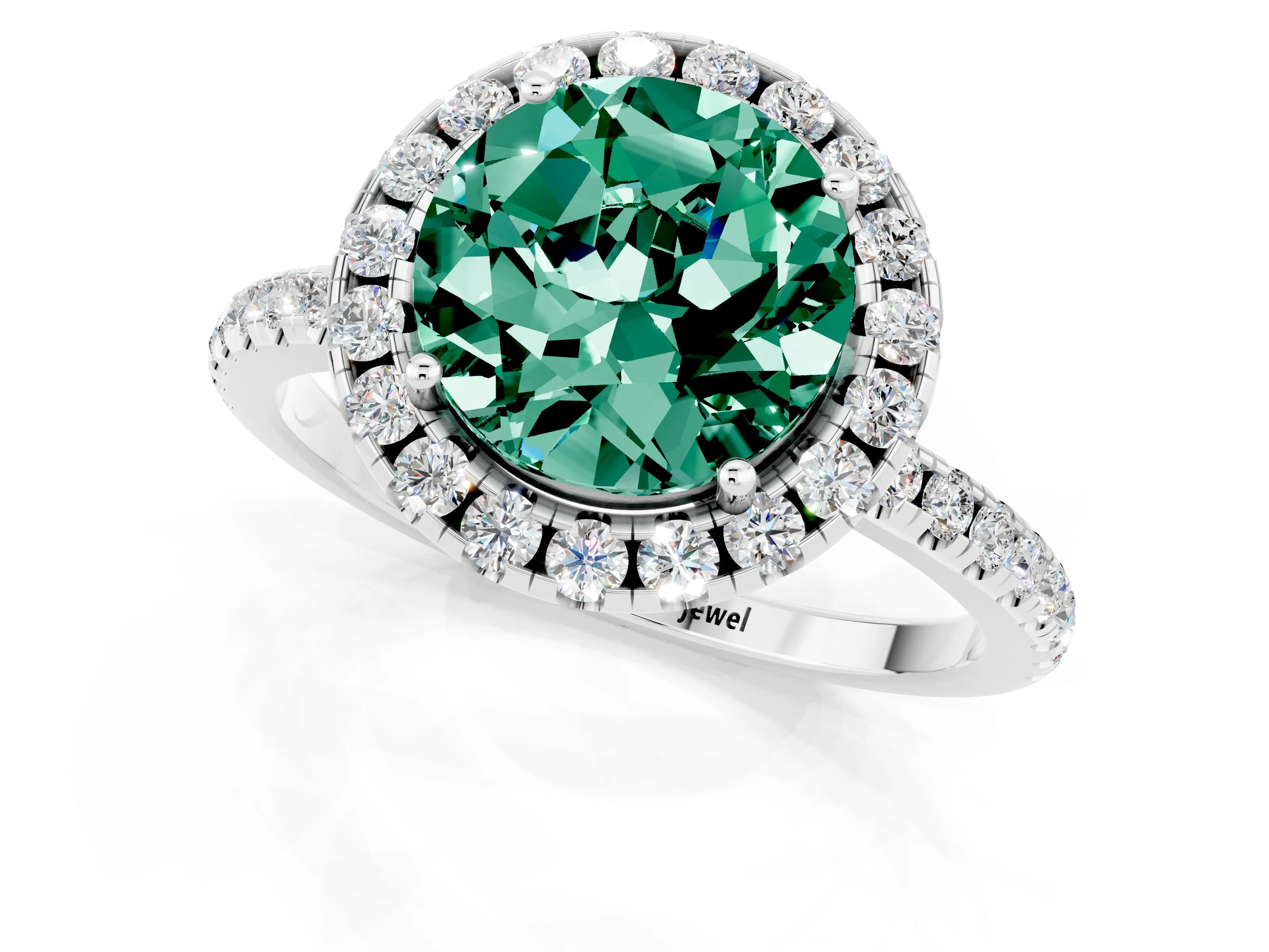 White gold Round Cut Halo Round Diamond Pavé Band Four-Prong Ring_1