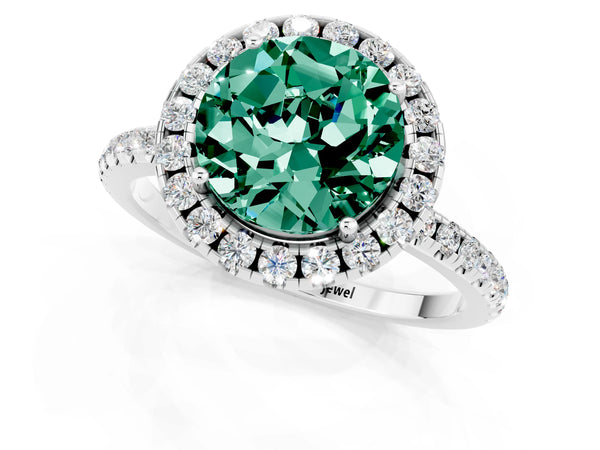 White gold Round Cut Green Sapphire Halo Ring with Round Pavé Band and Prong Setting